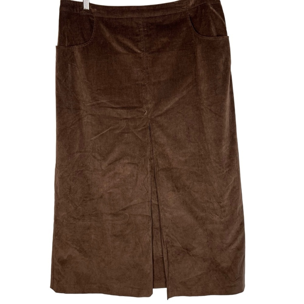 AK Anne Klein Chocolate Brown Corduroy Midi Skirt Side Zip Back Buckle Size 16